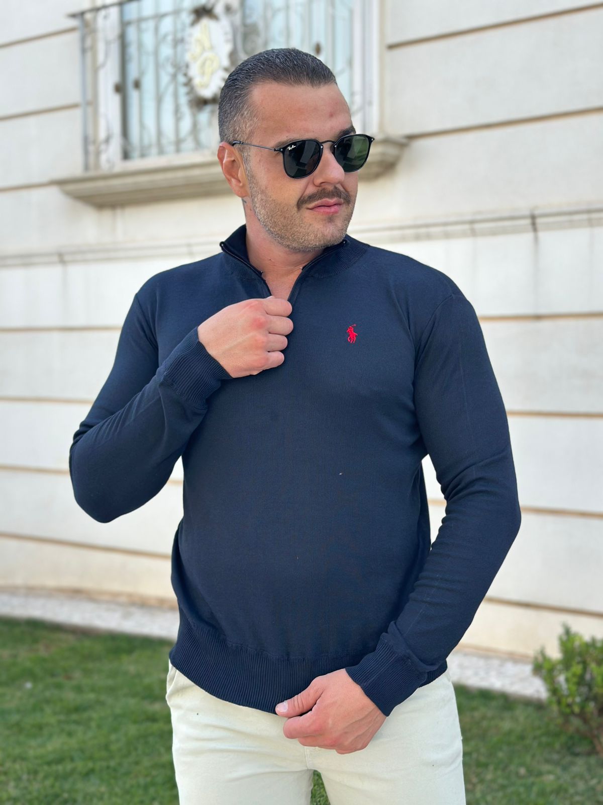 Suéter com Zíper PRL Azul | Conforto e Estilo em Malha Premium